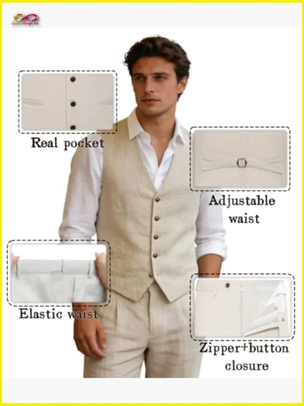 Linen Vest Pants Set Slim Fit Casual Summer Suit Wedding Prom Groomsman